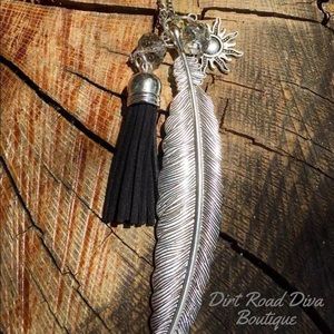Boho Feather, Tassel, Sun Charm Necklace - 30"